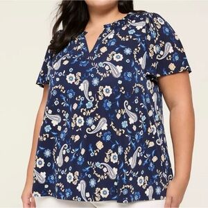 Lane Bryant Ruffle Notch-Neck Women’s Size 26 Top in Navy Floral EUC